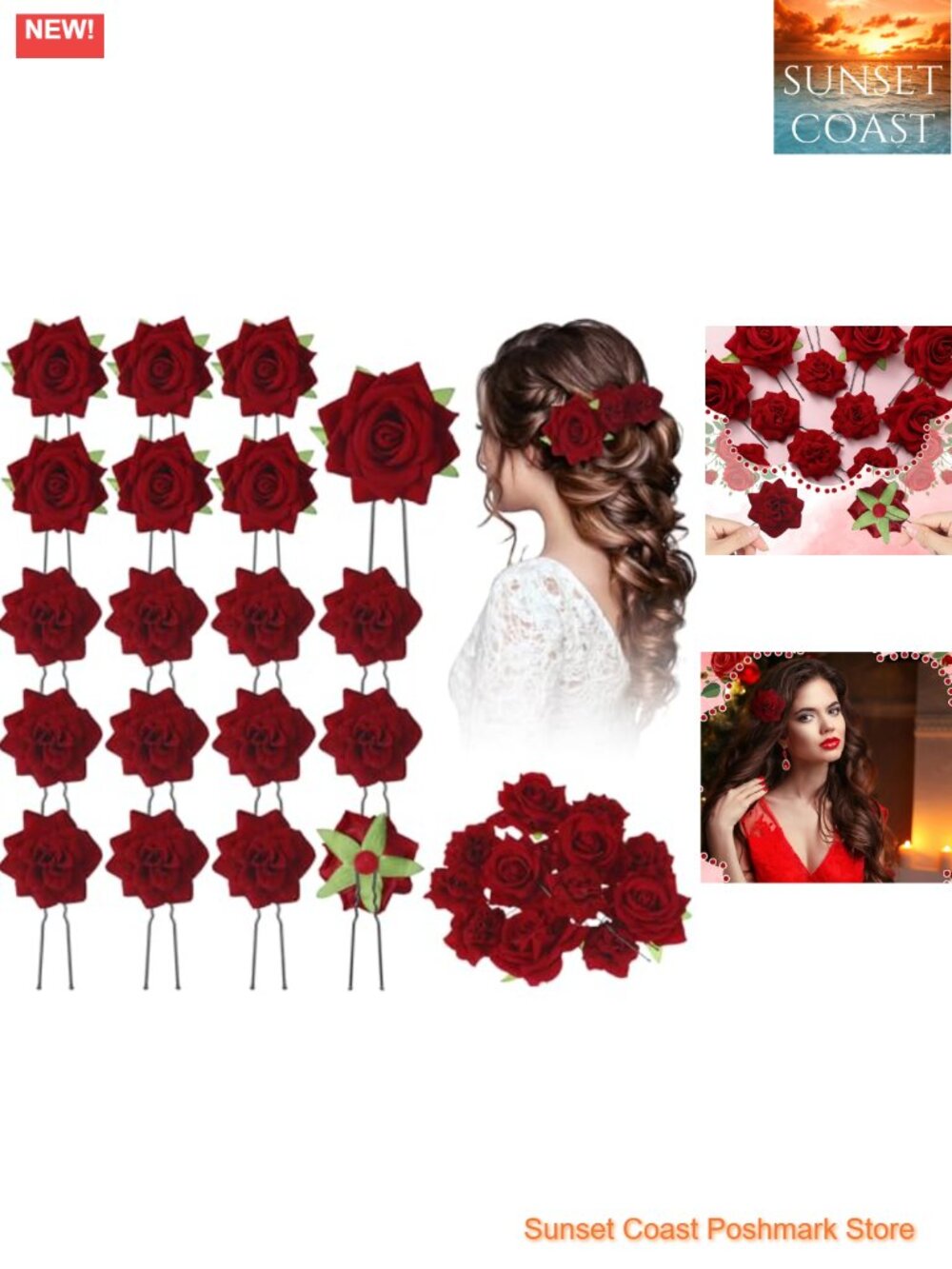 12 Pc Rose Hair Clips Metal Cloth Wedding Party Hair Accessories